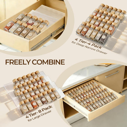 4 Tier(4 Packs), 11" 22" Acrylic Spice Drawer Organizer Expandable from to Seasoning Organizer Tray for Kitchen - Clear