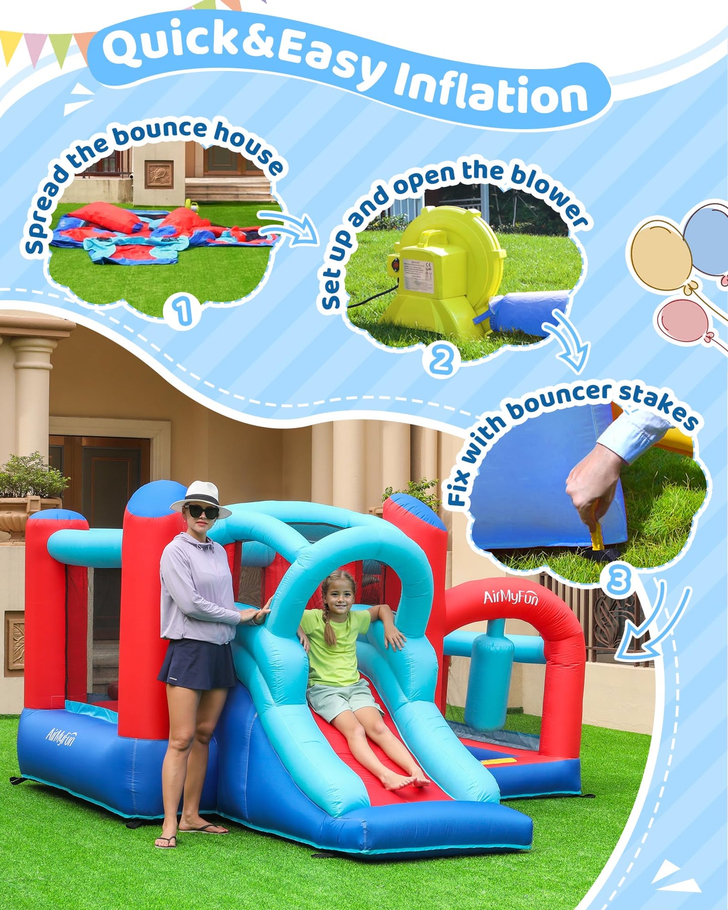 AirMyFun Inflatable Bounce House, Bouncy House with Slide,Indoor Outdoor Bounce House with Ball Pit,Basketball Hoop,Target Balls and Boxing,Inflatable Bouncer for Party