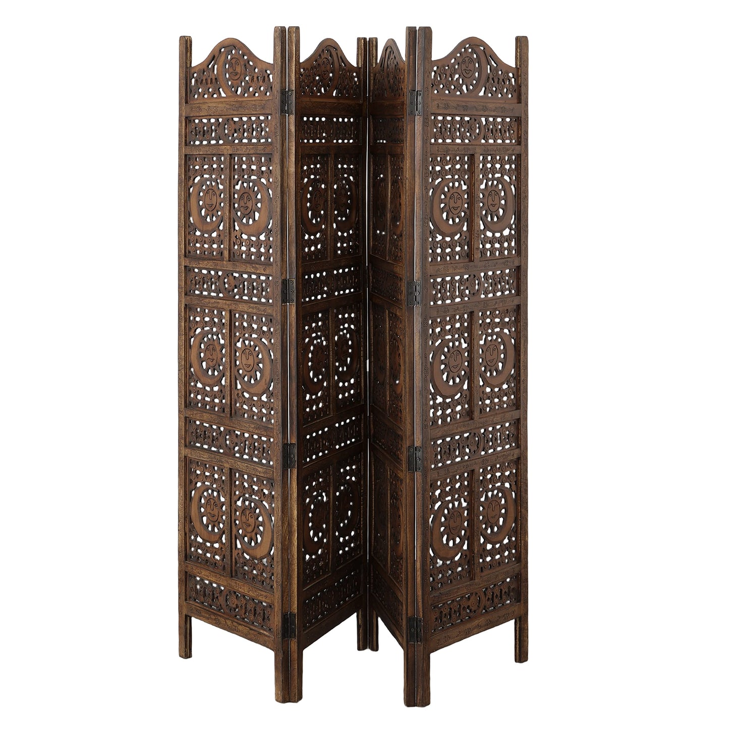 Hand Carved Sun and Moon Design Foldable 4 Panel Wooden Room Divider, Decorative Privacy Screen, Rustic Home Partition Decor