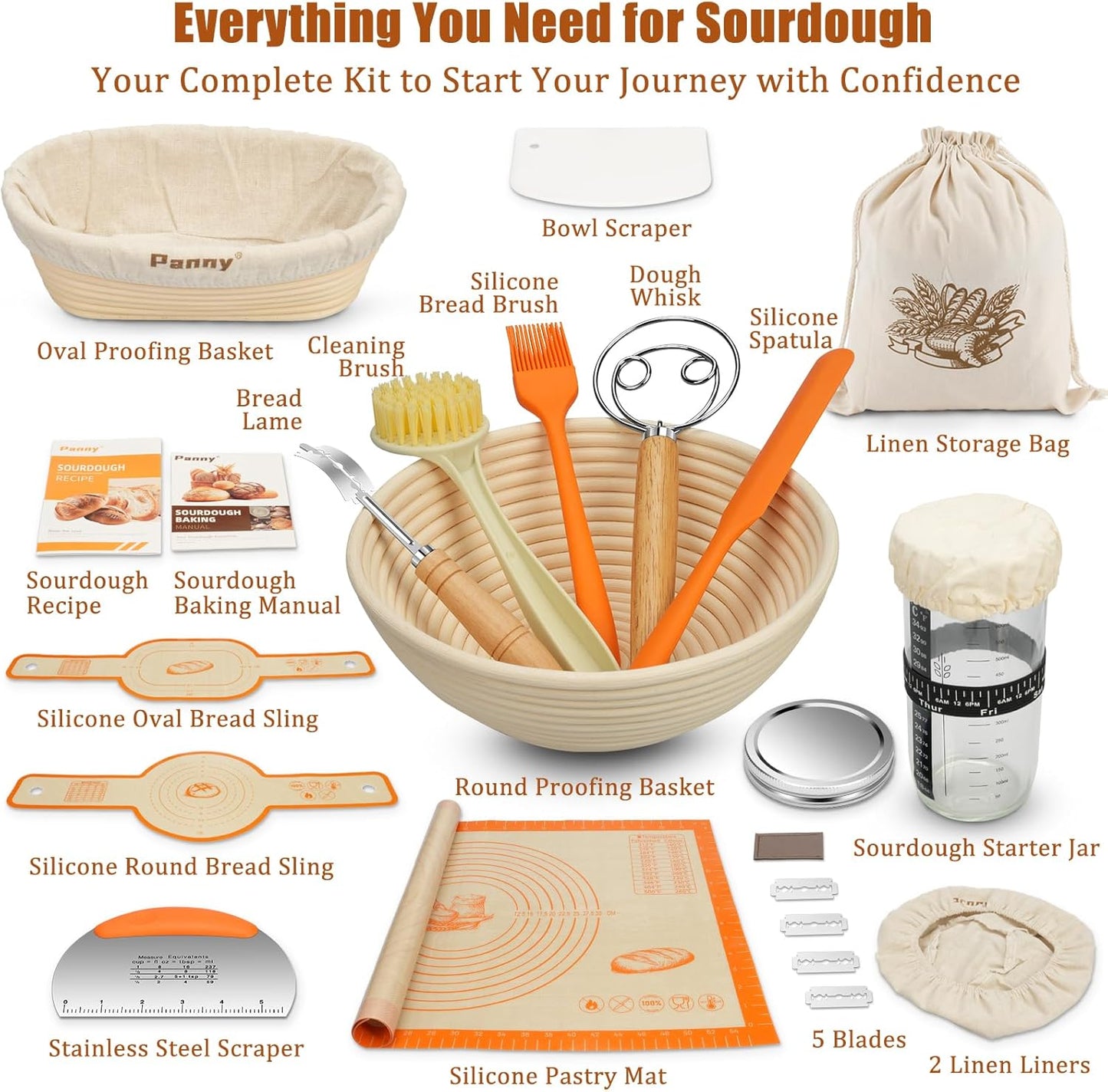 9" 10" Panny Sourdough Starter Kit, Banneton Bread Proofing Basket with Glass Sour Dough Starter Jar, Sourdough Bread