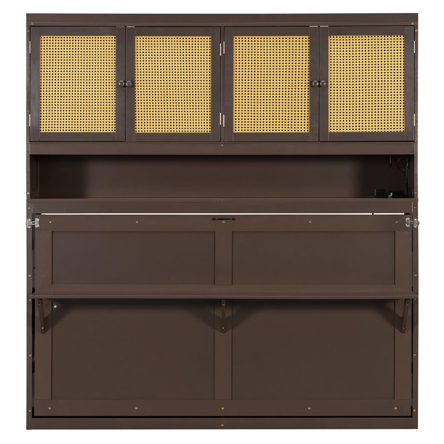 DNYN Murphy Bed Frame with Top Cabinet and LED for Bedroom/Guest/Study Room, Twin Size Wooden Foldable Wall Bed with USB Ports, Space-Saving Design & No Box Spring Needed