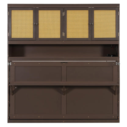 DNYN Murphy Bed Frame with Top Cabinet and LED for Bedroom/Guest/Study Room, Twin Size Wooden Foldable Wall Bed with USB Ports, Space-Saving Design & No Box Spring Needed