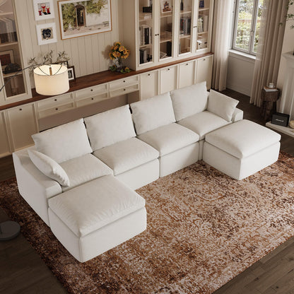 Novilla 133.8" Modular Cloud Couch, Modern Sectional Sofa with Smarts Coil® Support, Chenille Fabric, Upholstered Couch for Living Room Apartments Bedroom, No Assembly, 4 Seater + 2 Ottoman, White