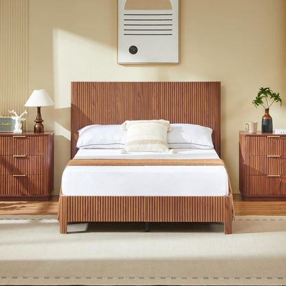 KEIKI Full Size Wooden Bed Frame with Headboard, Modern Platform Bed with Corrugated Curved Lines, No Box Spring Needed, Easy Assembly (Walnut, Full)