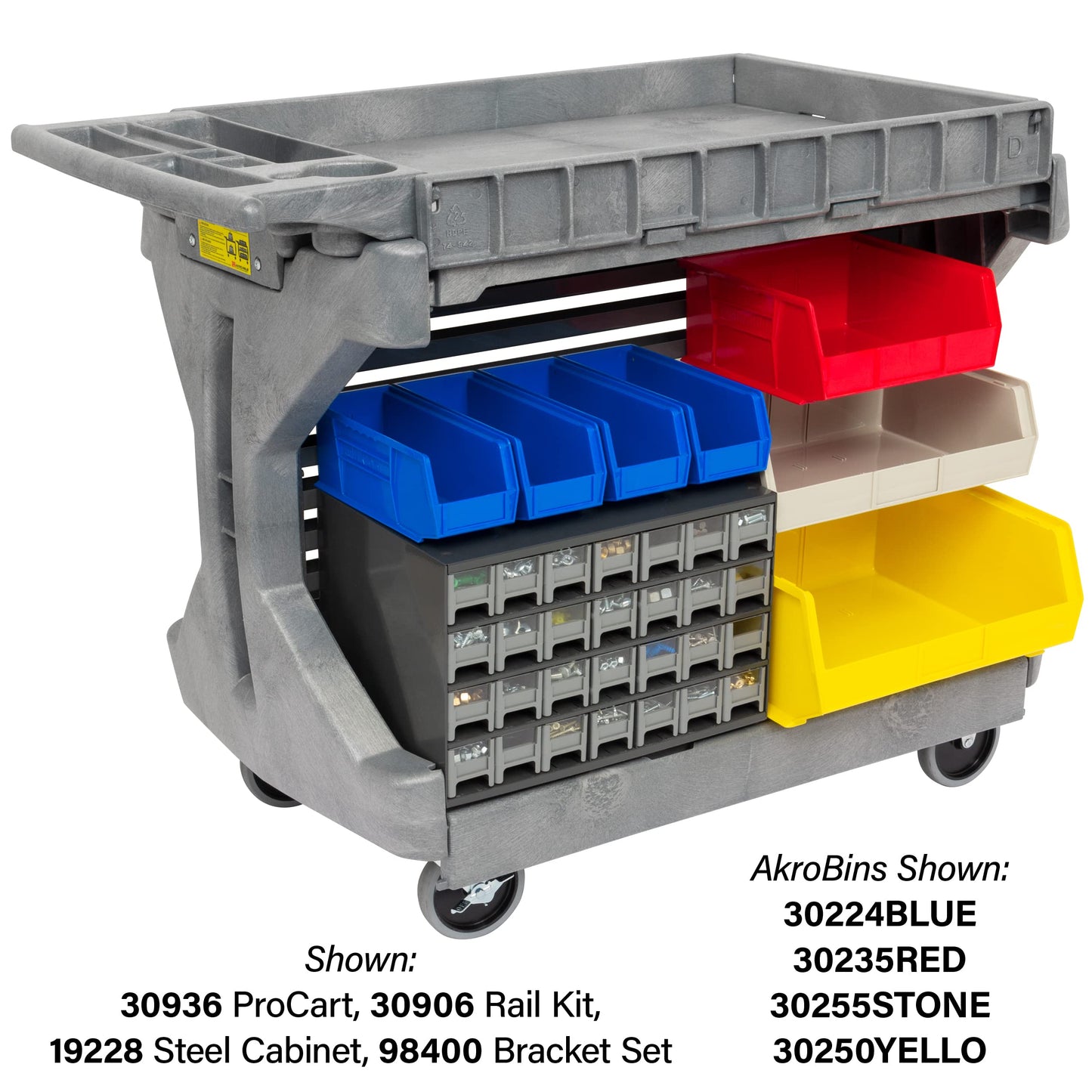 Akro-Mils 30936 ProCart 400 Pound Capacity Heavy Duty 2 Tier Rolling Service Utility Cart with Wheels and Hinged Side Gates, 46-Inch x 24-Inch x 35-Inch, Gray