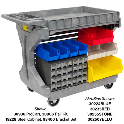 Akro-Mils 30936 ProCart 400 Pound Capacity Heavy Duty 2 Tier Rolling Service Utility Cart with Wheels and Hinged Side Gates, 46-Inch x 24-Inch x 35-Inch, Gray
