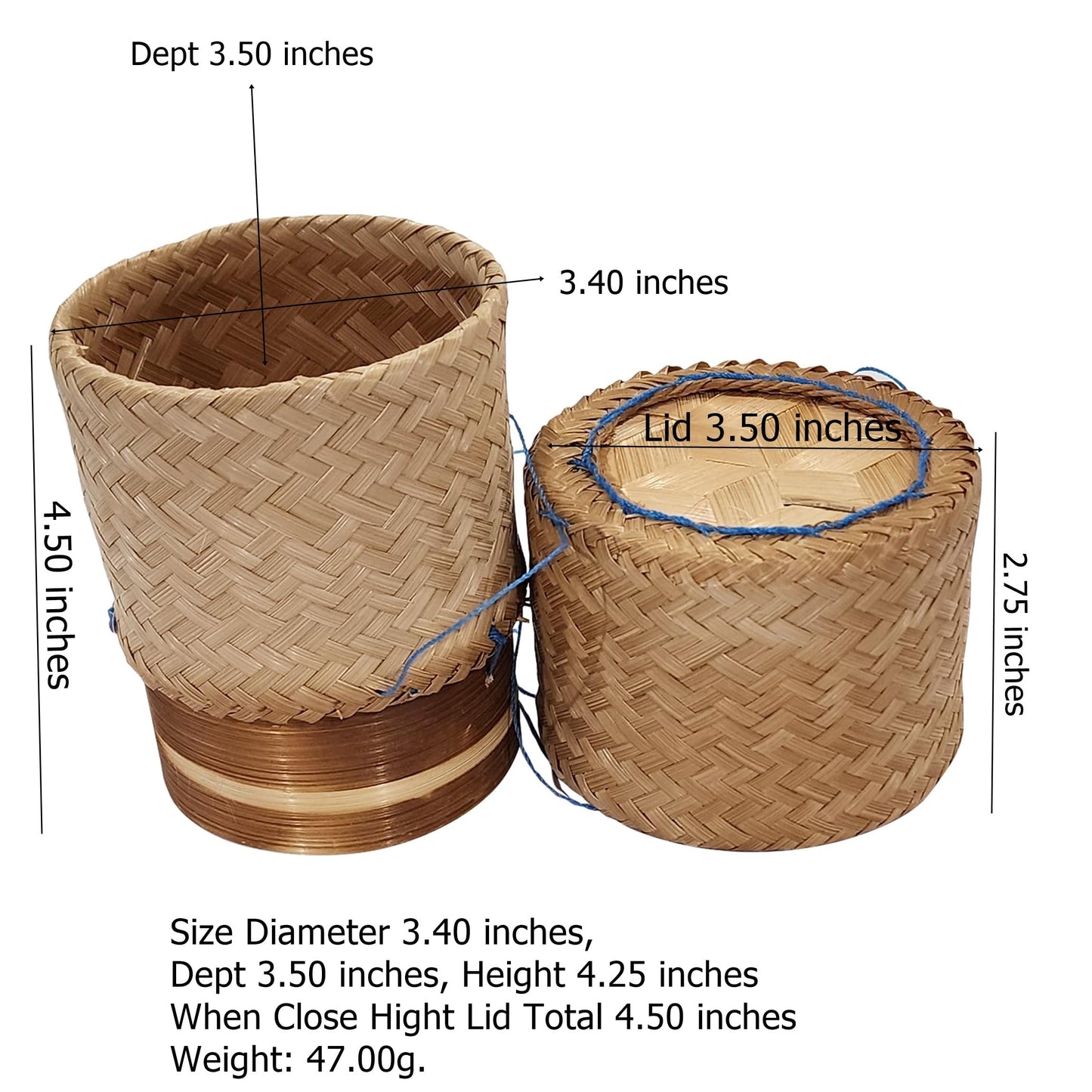 Heavens Tvcz Handwoven Bamboo Sticky Rice Box 3.4" | Thai Traditional Rice Basket with Lid | Eco Food Container – Perfect for Asian Food Serving & Home Deco