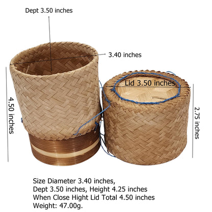 Heavens Tvcz Handwoven Bamboo Sticky Rice Box 3.4" | Thai Traditional Rice Basket with Lid | Eco Food Container – Perfect for Asian Food Serving & Home Deco