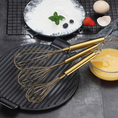 Berglander Gold Whisk Pack of 3 Stainless Steel 8",10",12", Titianium Plating Whisks for Cooking, Beater,Wire Whisk Set Kitchen Wisk (Gold)