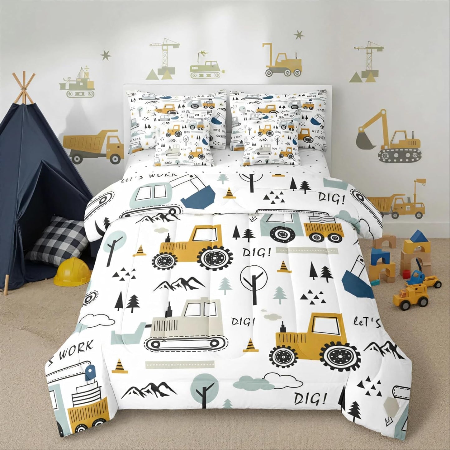 Set 7 Set Set Feelyou Cartoon Car Kids Comforter with Sheets Piece Twin Size Construction Bedding Boys Decor Equipment