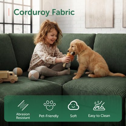 HONBAY Corduroy Sectional Sofa, 80 Inch 6 Seats L Shaped Couch with Ottoman for Living Room, Green