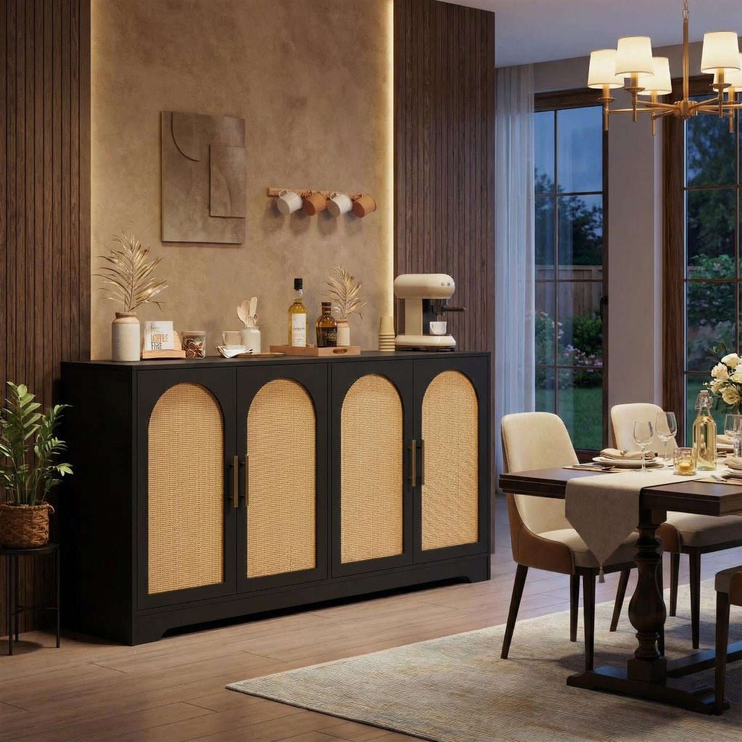 IDEALHOUSE 59" W Sideboard Buffet Cabinet- with 4 Rattan Doors, Large Storage Console Table & Modern Accent Coffee Bar Cabinet for Living Room, Kitchen, Hallway, Dining Room, Entryway, Black