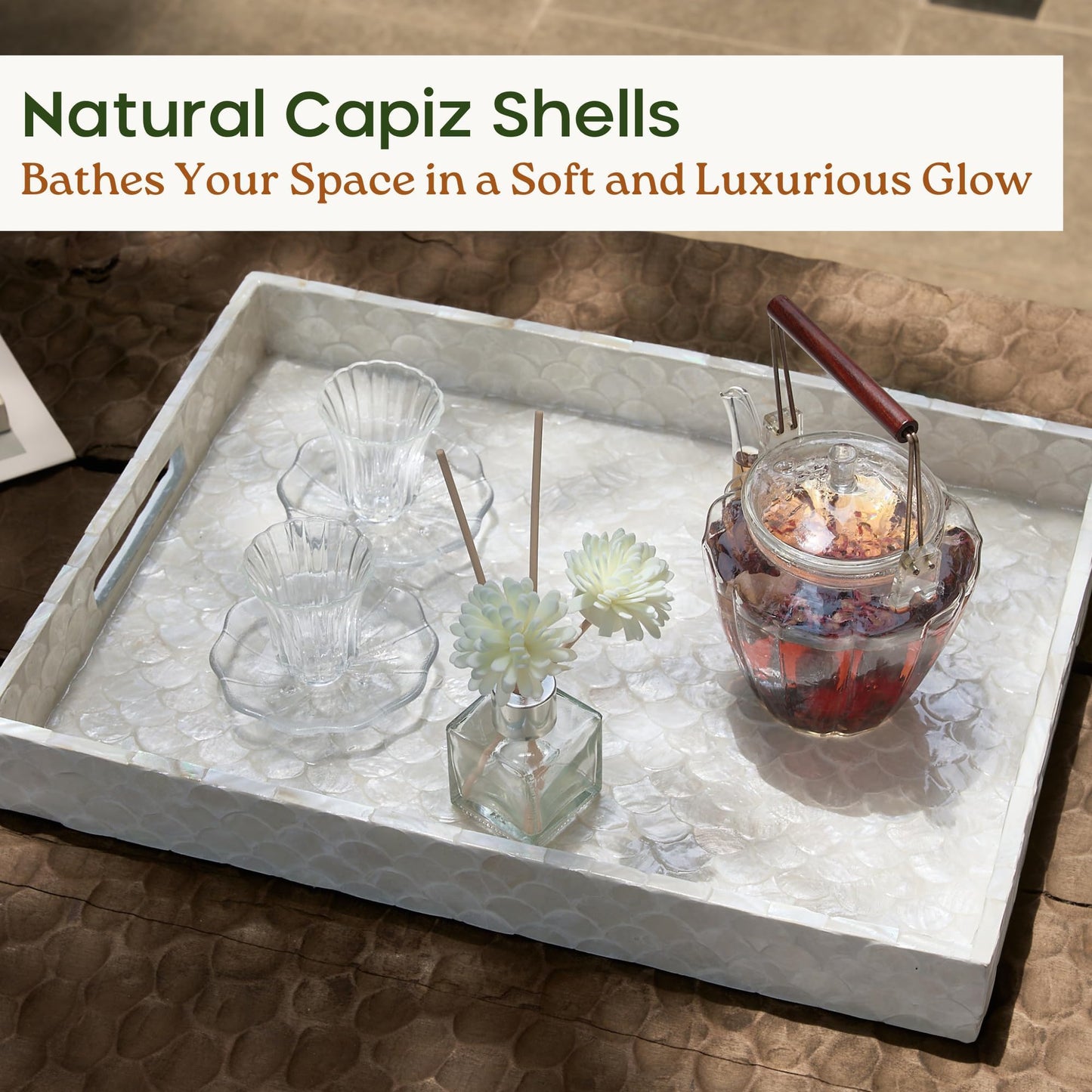 CHI AN HOME Capiz Decorative Tray 15.8” x 11.8” x 1.8" Rectangular Tray, Natural Handmade Serving Tray with Handles for Coffee Tables, Ottoman, Vanity, Kitchen, Coastal Boho Home Decor, White