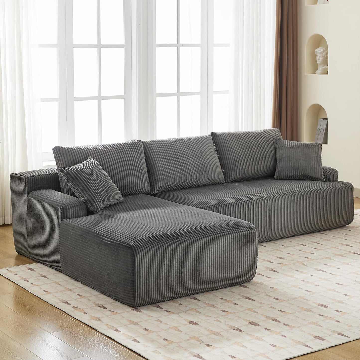 GAOMON 106" Modular Sectional Couch with L-Shape Left Chaise, Modern Boneless Couches for Living Room, Corduroy Fabric Loveseat Sofa Sleeper with Deep Seat, No Assembly Required, Dark Grey