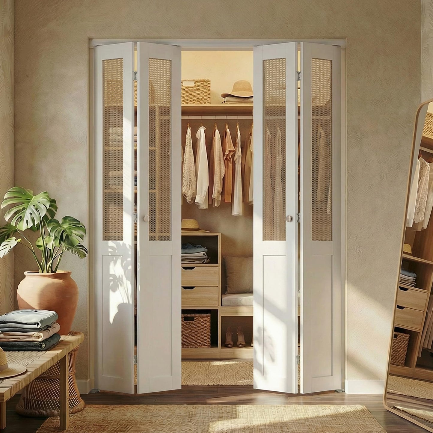 SMARTSTANDARD Rattan Bifold Closet Door for 72"x80" Opening Interior Slab, Preassembled Panel, MDF& Webbing Surface, Easy to Install with Hardware Kit for Wardrobe Closet Pantry Bedroom White