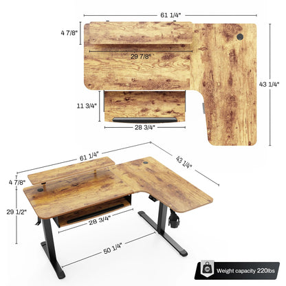 EUREKA ERGONOMIC Standing Desk with Keyboard Tray, Computer Desk, 61" L Shaped Electric Adjustable Height Desk w Monitor Stand LED, Corner Sit Stand Desk Gaming Desk, Dual Motor,Right/Rustic Brown