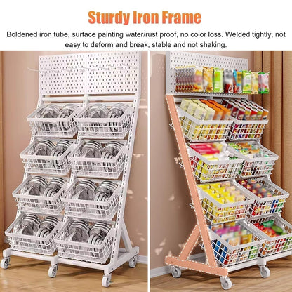 WDJBPSH Rolling Snack Candy Display Rack, Floor-Standing Concession Display Stand with Hanging Hook, Chocolate/Bread/Potato Chips/Cereal/Jelly/Coffee Capsules Organizer(White,8 Basket)