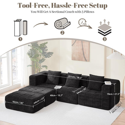 Housiney Modular Sectional Sofa with Deep Seat, 98'' 5 Seater Boneless Cloud Couch with Ottoman, No Assembly Required, Modern Plush Corduroy Cloud Couches for Living Room & Apartment, Black