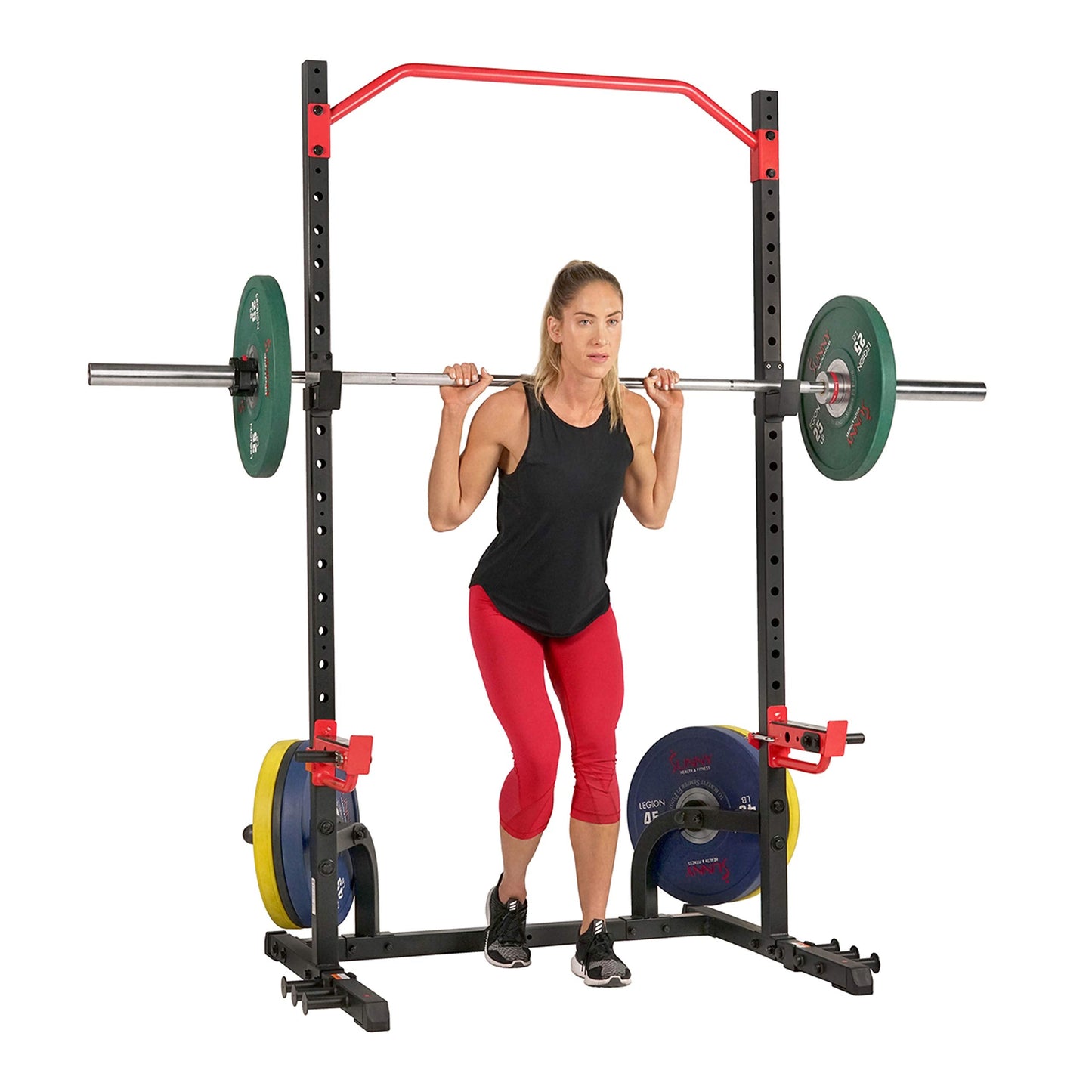 Sunny Health & Fitness Power Zone Squat Stand Power Rack - SF-XF9931, Upright,Black/Red