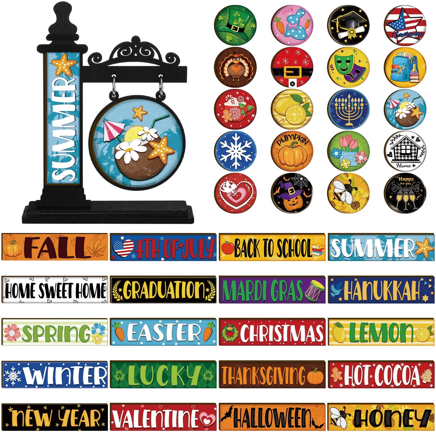 RattanView 41 Pcs Interchangeable Seasonal Decor Mini Standing Sign Farmhouse Convertible Holiday Wood Welcome Sign for Summer 4th of July Home Sweet Home Table Decor(Black)