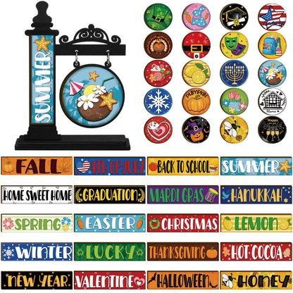 RattanView 41 Pcs Interchangeable Seasonal Decor Mini Standing Sign Farmhouse Convertible Holiday Wood Welcome Sign for Summer 4th of July Home Sweet Home Table Decor(Black)