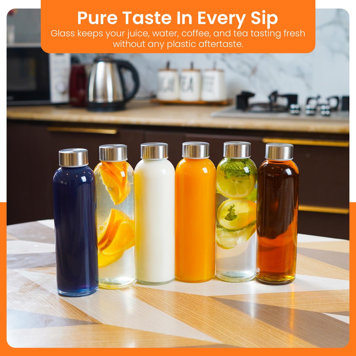 Epica Clear Glass Bottles with Lids, 18oz Resuable Glass Water Bottles for Juicing with Stainless Steel Cap to store Milk, Smoothie, etc., 100% Leak Proof, Durable and Dishwasher Safe (Set of 6)