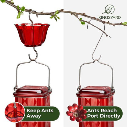 Kingsyard Hummingbird Feeder - 24 Ounce Glass Nectar Feeder with 6 Ports & Ant Moat | Red Garden Décor