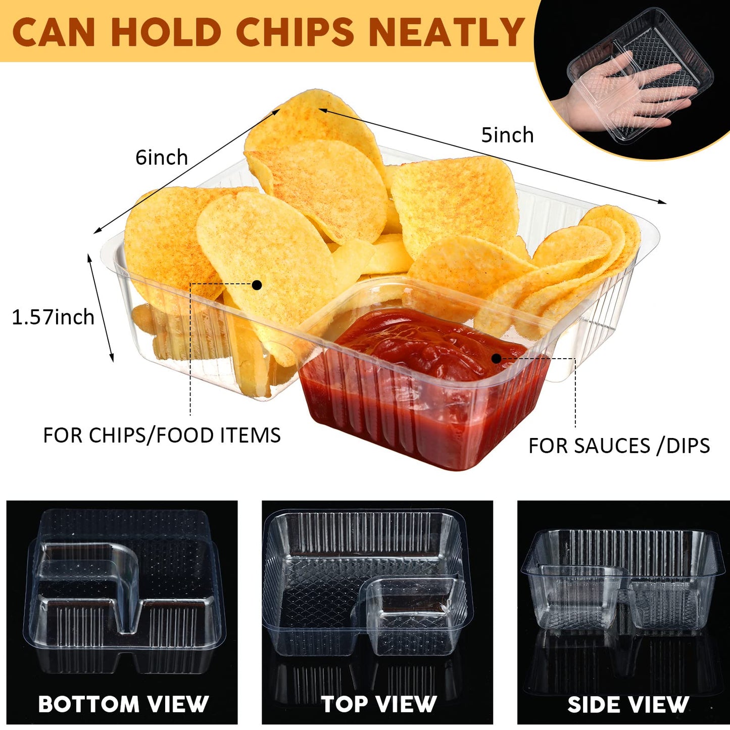 Vesici 500 Pcs 12oz Nacho Trays Disposable 2 Compartment Food Snack Tray Concession Stand Supplies Movie Night Clear Plastic Cheese Dip and Chip Holder for Candy School