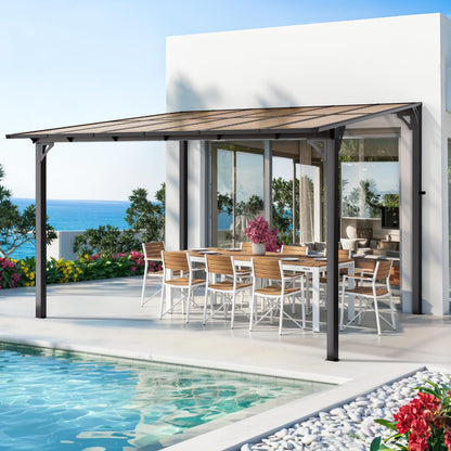 Pamapic 10x12FT Wall Mounted Gazebo, Hardtop Lean to Gazebo with Aluminum Frame & UV Resistant Polycarbonate Roof, Outdoor Patio Awning for Deck, Porch, Lawn & Backyard