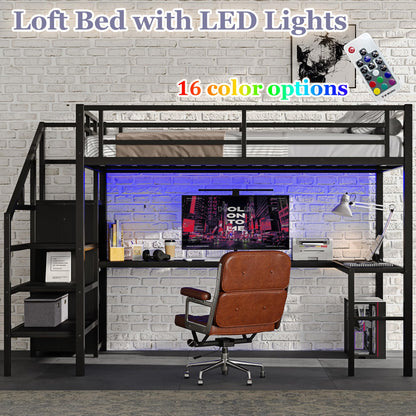 Bellemave Queen Loft Bed with Desk & Wardrobe, Heavy Duty Metal Loft Beds Frame with Storage Stairs, LED Loft Bed Queen Size with Charging Station & Safety Guardrails, No Box Spring Needed, Black