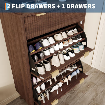 GarveeHome Modern Fluted Shoe Cabinet for Entryway, 48" Tall Narrow Wooden Shoe Rack Organizer with Storage Drawer, 2 Flip Drawers & Adjustable Shelves for Apartment Living Room