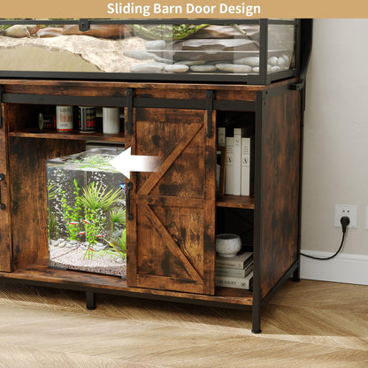 VOWNER Farmhouse Reptile Tank Stand with Power Outlet, 48" X 24" Tabletop Fits up 120 Gallon Bearded Dragon Tank, Heavy Duty Aquarium Stand with Storage Cabinet, Reptile Turtle Terrarium Stand Brown