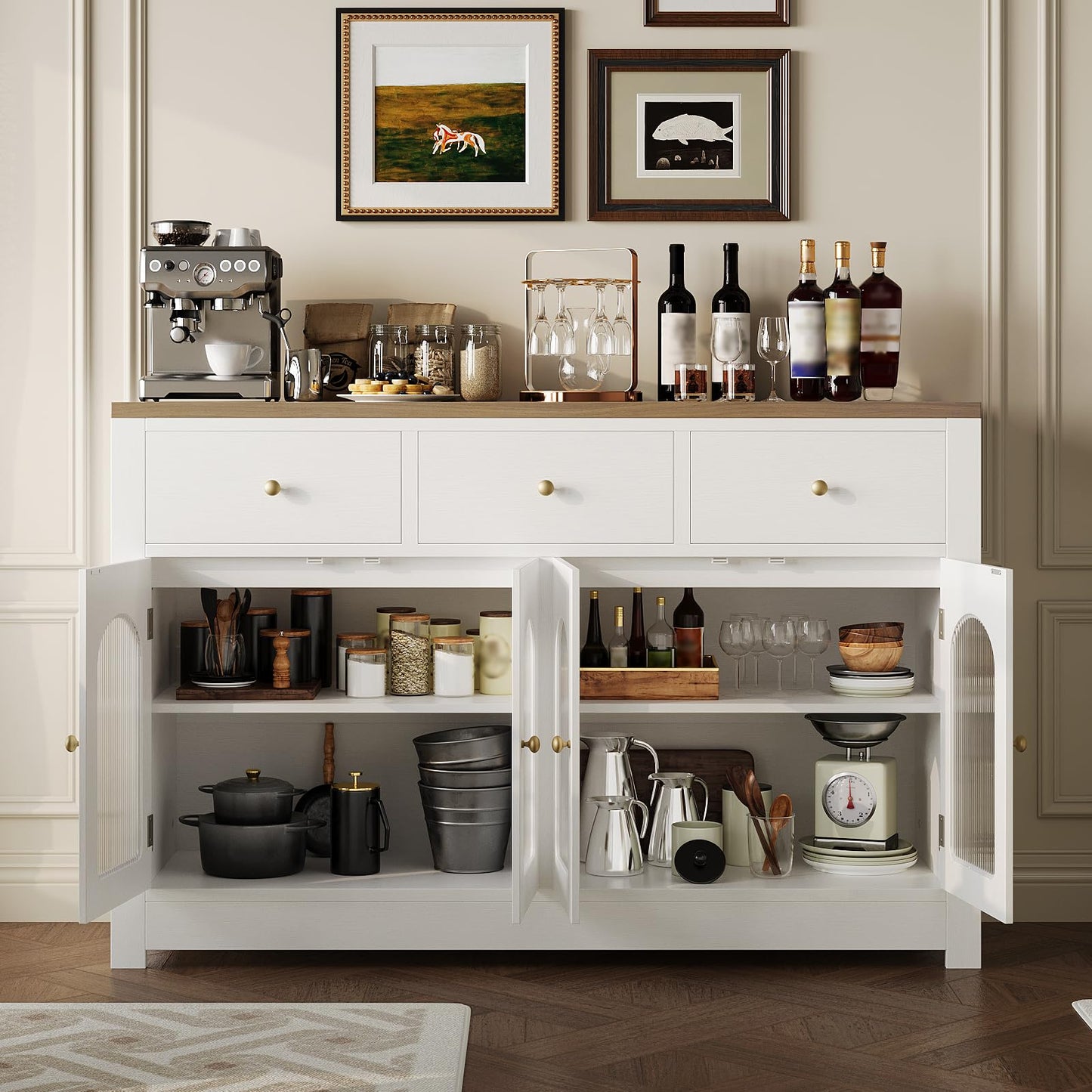 Farmhouse Large Buffet Sideboard Cabinet with 4 Doors & 3 Drawers, Kitchen Cabinet Display Cabinet with Adjustable Shelf, Wine Buffet Cabinet with Storage for Dining Room, Living Room, White
