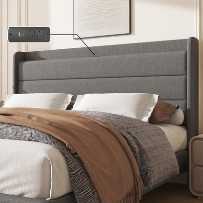 Lcwtvgxr King Size Linen Multifunctional Bed Frame, Wingback Headboard with Charging Station & Storage Shelf, Upholstered Platform Bed, Noise Free, No Box Spring Needed, Easy Assembly, Grey