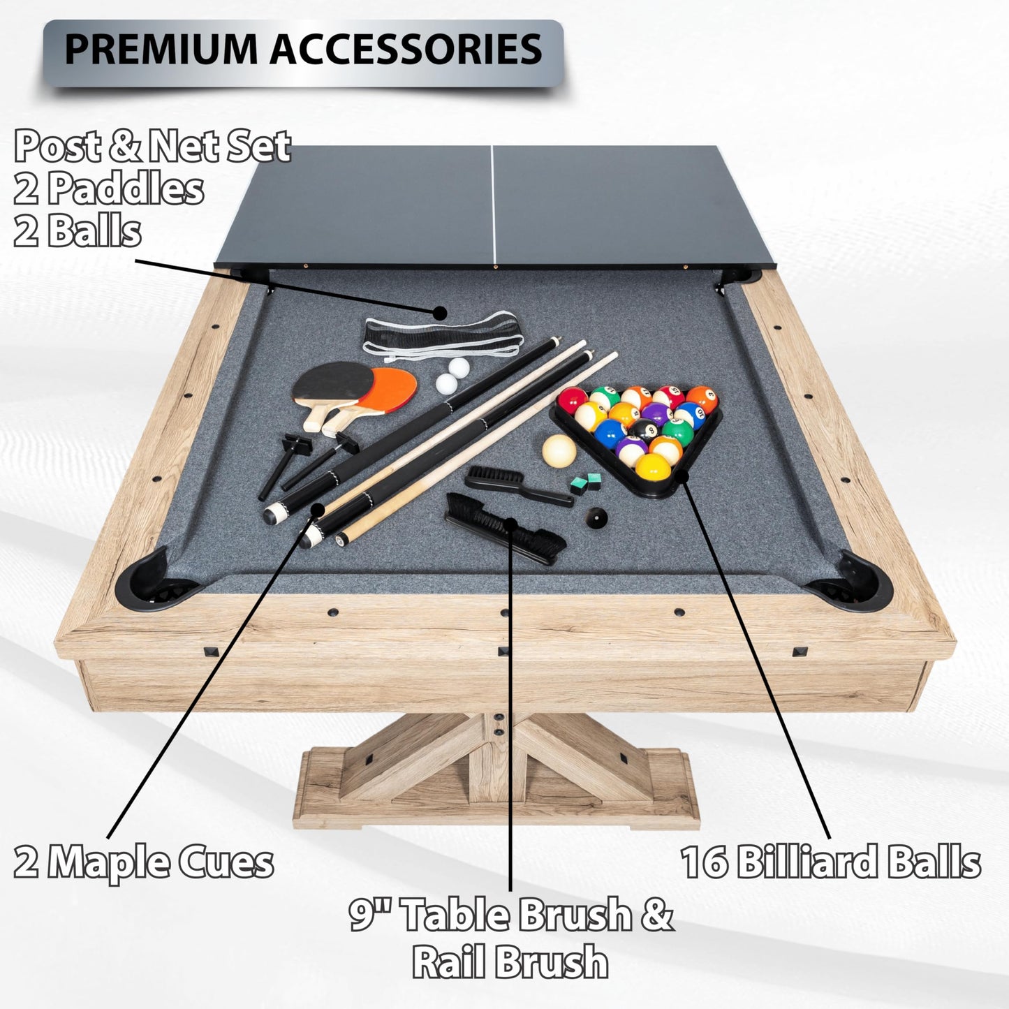 7 FT 3 in 1 Multi Game Pool Table with Dining Top Ping Pong Table Combo, Includes Pool Table Accessories and Tennis Paddles. (Rustic Oak with Grey Felt)
