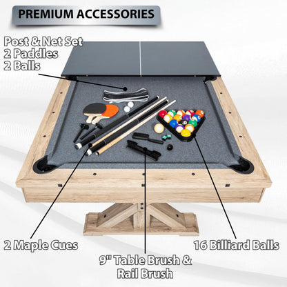 7 FT 3 in 1 Multi Game Pool Table with Dining Top Ping Pong Table Combo, Includes Pool Table Accessories and Tennis Paddles. (Rustic Oak with Grey Felt)