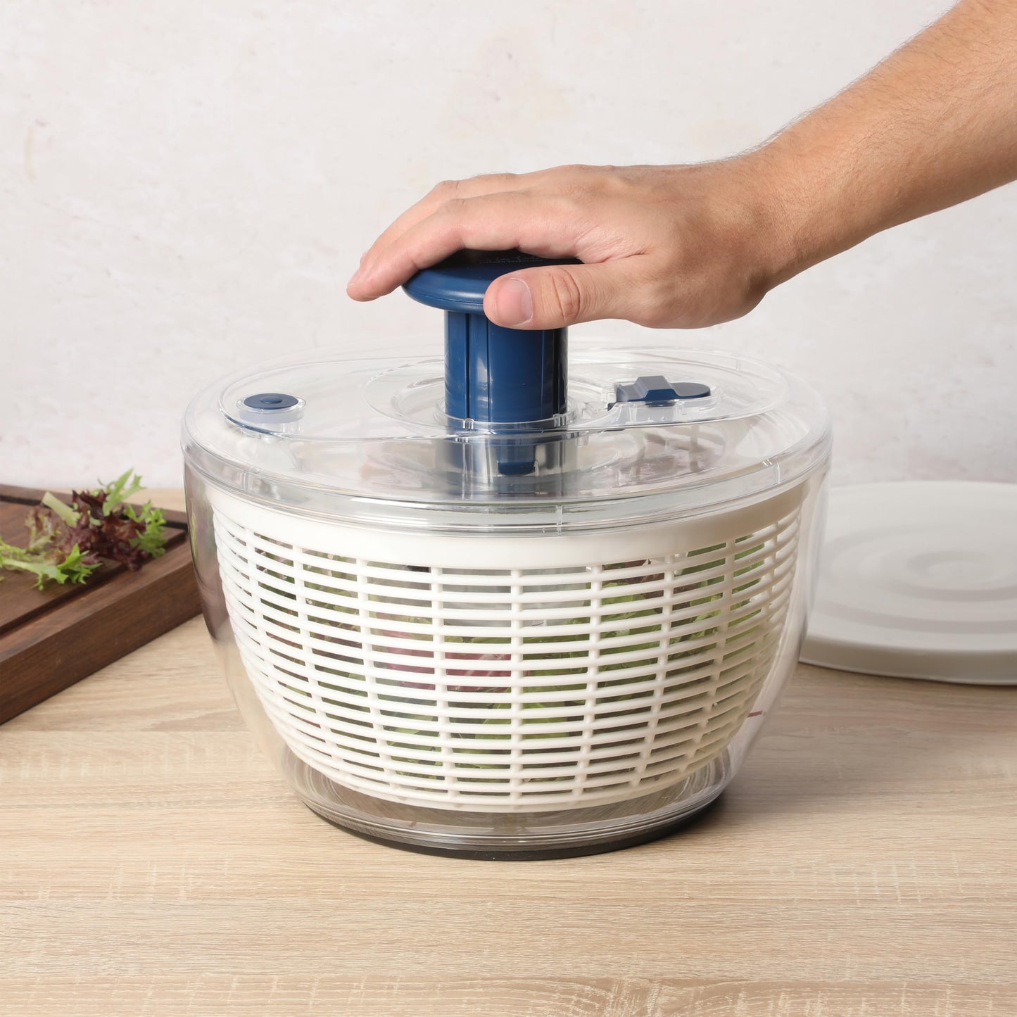 Sur La Table Kitchen Essential 6.3 Qt Salad Spinner, Fruit Wahser, Fruit Washing Bowl with Strainer, Vegertable Cleaner, Salad Cleaner, Lettuce Washer - Navy Blue