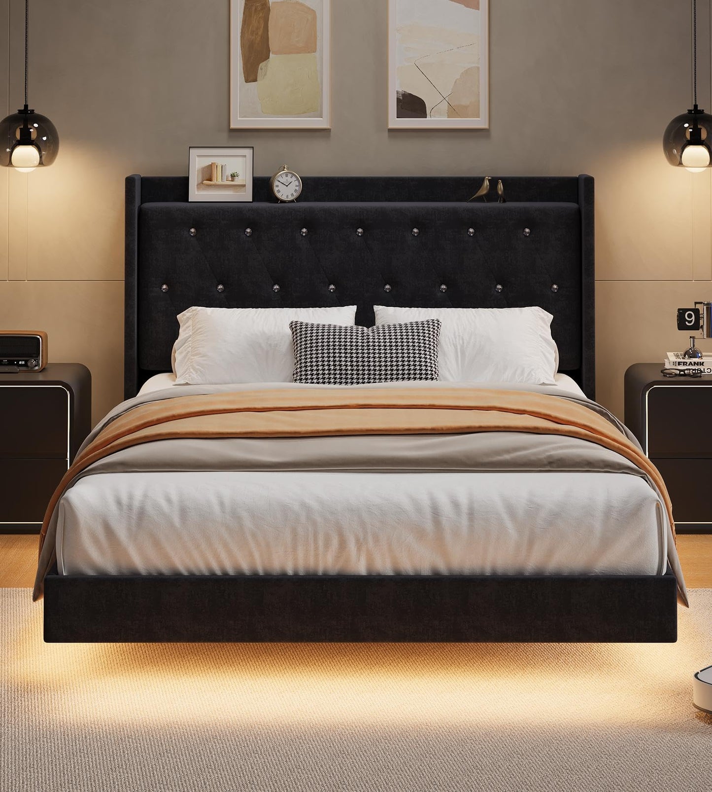 GAOMON Floating Bed Frame Full Size with LED Lights, Velvet Upholstered Platform Full Bed Frame with Wingback Storage Headboard, No Box Spring Needed, Easy Assembly, Black