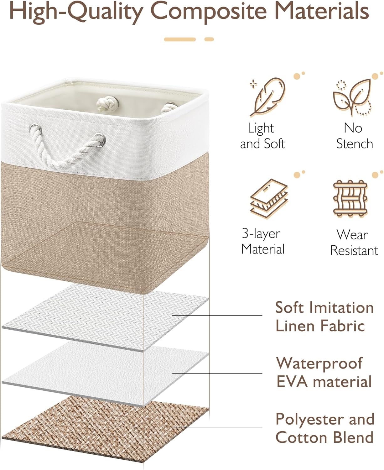 Patvingot 11-Inch Fabric Storage Bins - 6-Pack Organizer Cubes with Rope Handles for Home & Closet | White/Khaki