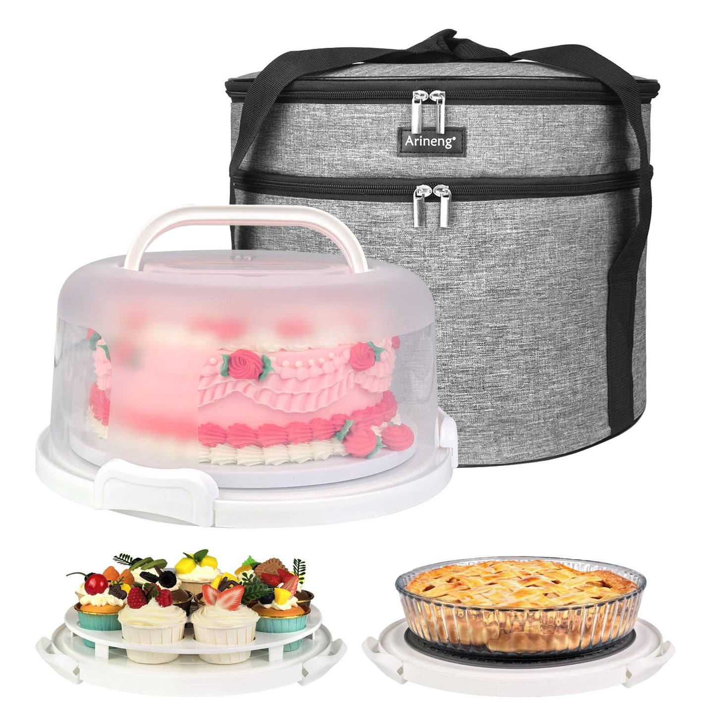 Arineng 10 inch Round Cake Carrier Box with Lid and Handle, Transportation Insulated Bag for Cakes, Cupcakes and Pies, Triple Locking Design for Safe Transportation (Grey, 5.5 Inches High)