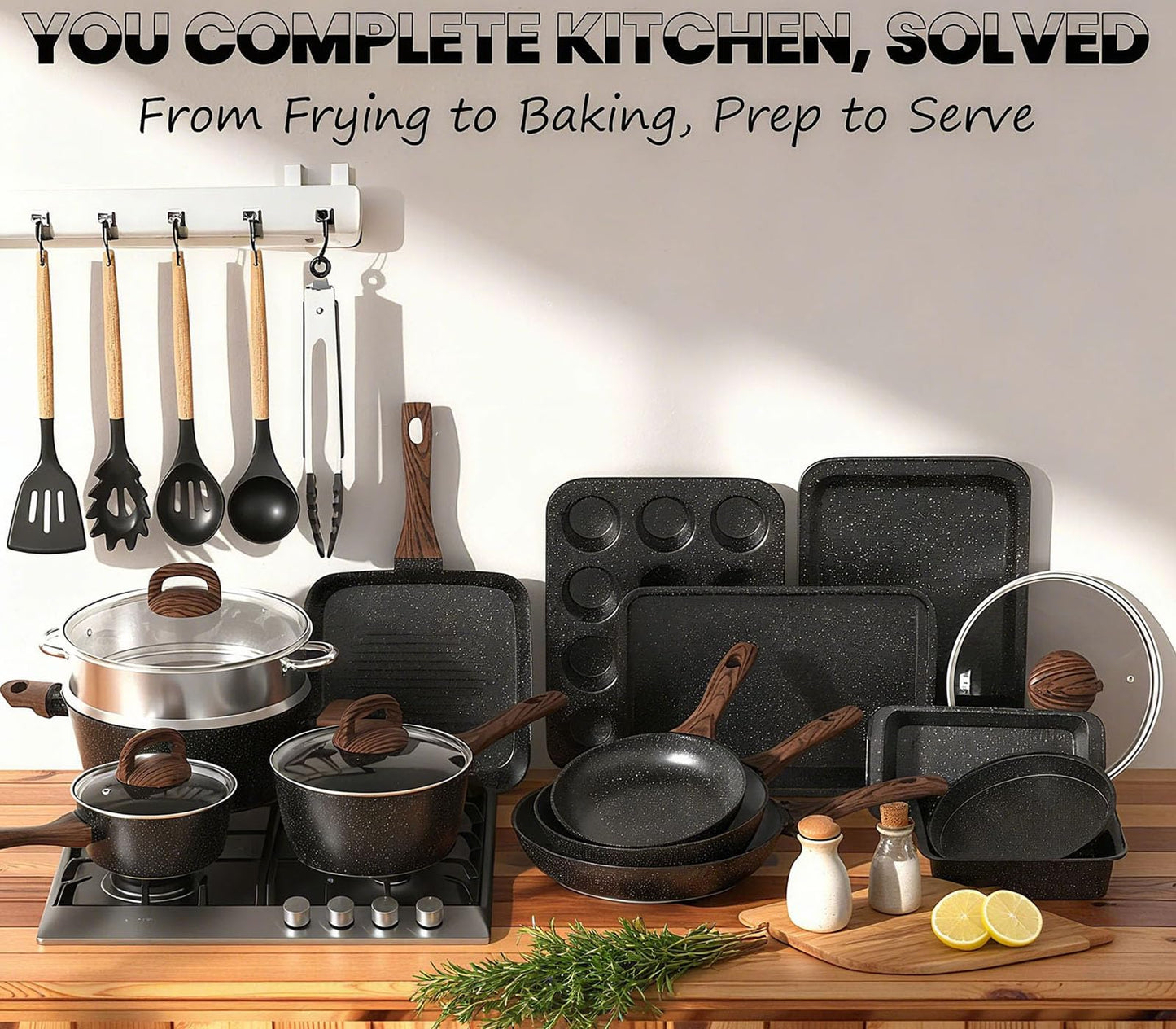 Pots and Pans Set Non Stick, 31 Piece Kitchen Induction Cookware & Bakeware Set, Nonstick Kitchen Cooking Pans Set with Frying Pans Set Grill Pan Saucepan Baking Sheet & Utensils, PFOA Free