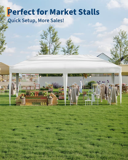 GarveeHome 10x20Ft Pop Up Canopy Tent, One Push Setup Beach Tent, Outdoor Canopy with 6 Sidewalls & Sandbags, Adjustable Height, Waterproof, Sun Shelter for Events, Camping, Backyard (White)
