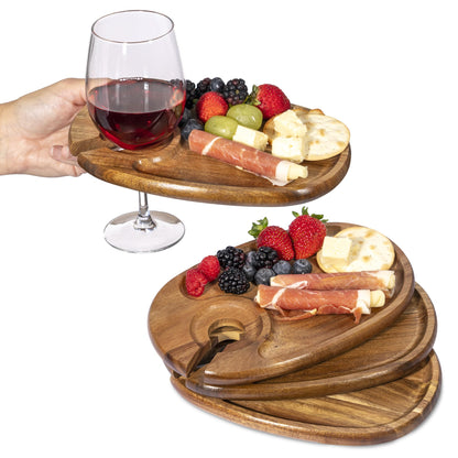 YEWBEE Wine Glass Holder Plates – Acacia Wooden Appetizer & Snack Plates for Party, Wine & Cheese Mini Charcuterie Boards, Set of 4 – Great Gift for Wine Lovers