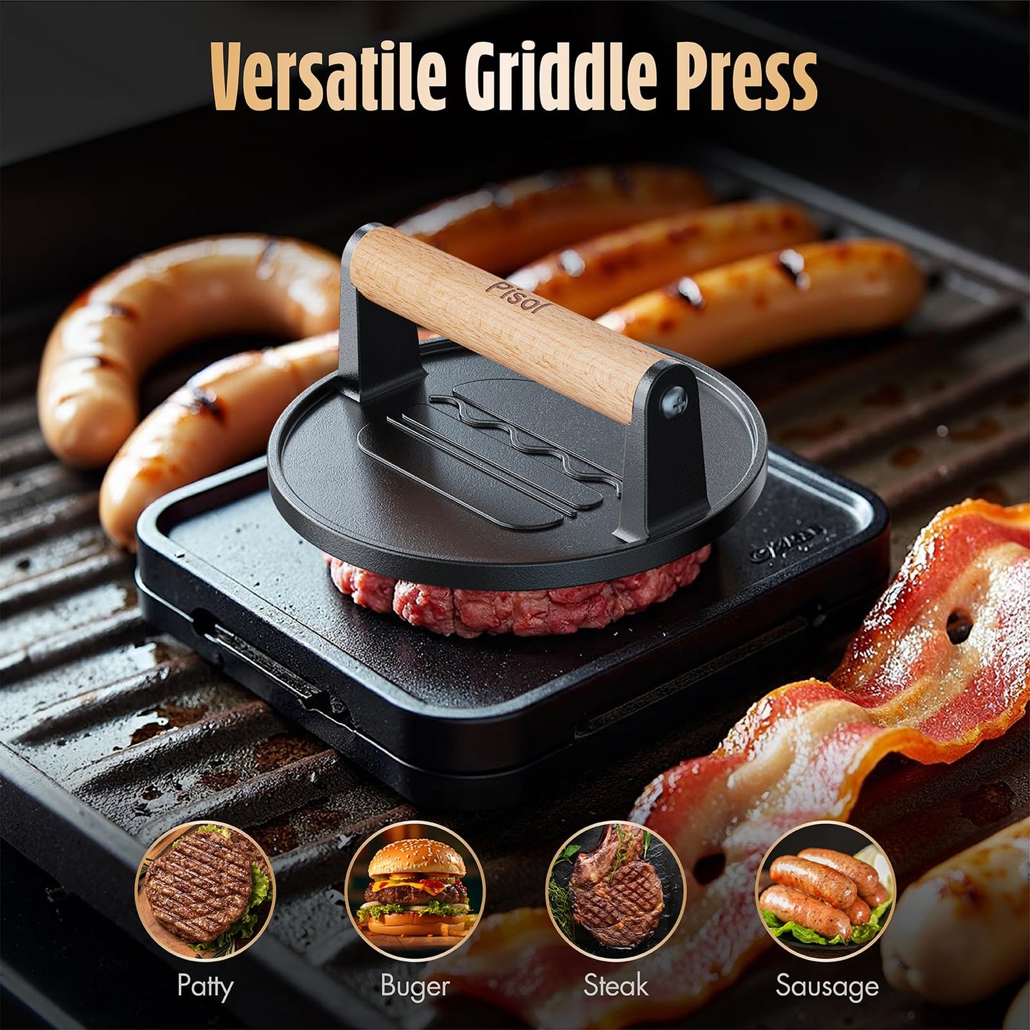 Pisol Smash Burger Press, Pre-Seasoned Cast Iron Hamburger Smasher, 2 lb Heavy-Duty Grill Bacon Meat Press Tool with Wood Handle, 6.6”