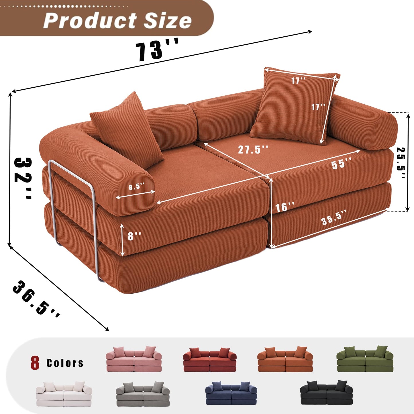 KEIKI 73" Corduroy Modular Sofa Bed with Removable Rolled Armrests and 2 Throw Pillow, Modern Style Convertible 2-Seater Upholstered Couch, No Assembly, for Apartment, Living Room, Orange