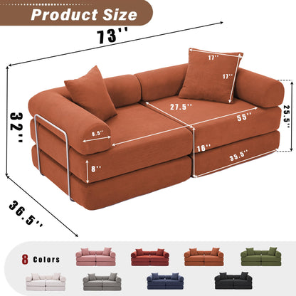 KEIKI 73" Corduroy Modular Sofa Bed with Removable Rolled Armrests and 2 Throw Pillow, Modern Style Convertible 2-Seater Upholstered Couch, No Assembly, for Apartment, Living Room, Orange