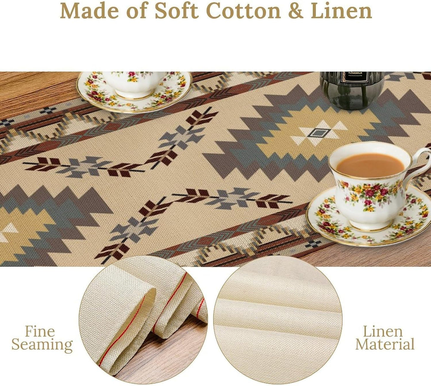 BATPLY Seamless 13x36in x1 Ethnic Aztec Linen Table Runner, Retro Boho Rustic Farmhouse Brown Red Native Tribal