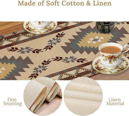 BATPLY Seamless 13x36in x1 Ethnic Aztec Linen Table Runner, Retro Boho Rustic Farmhouse Brown Red Native Tribal