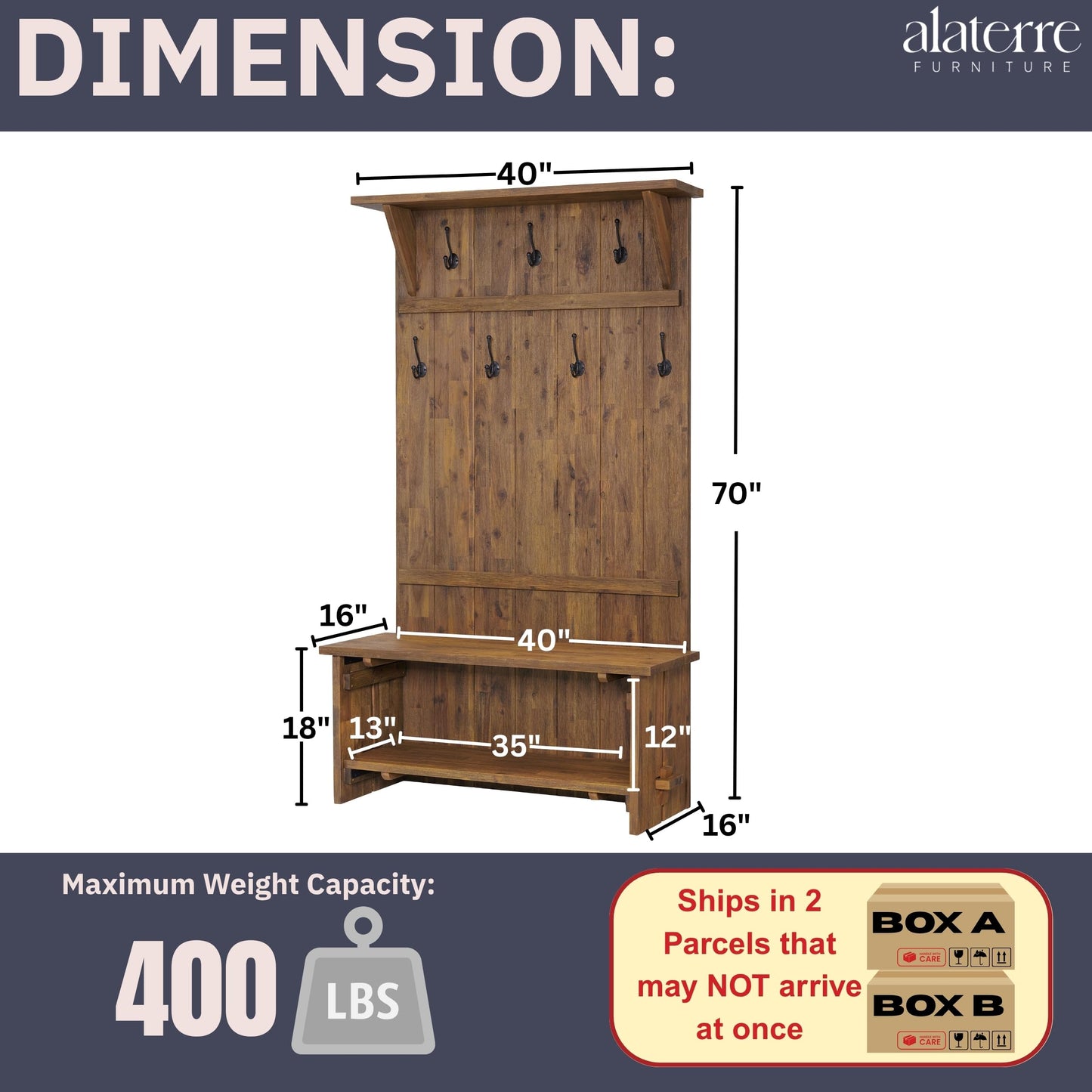 Alaterre Furniture Bethel Hall Tree with Bench – Rustic 70-Inch Entryway Organizer with 7 Metal Double Coat Hooks, Solid Wood Bench and Storage Shelves for Mudroom or Hallway (Natural Aged Brown)