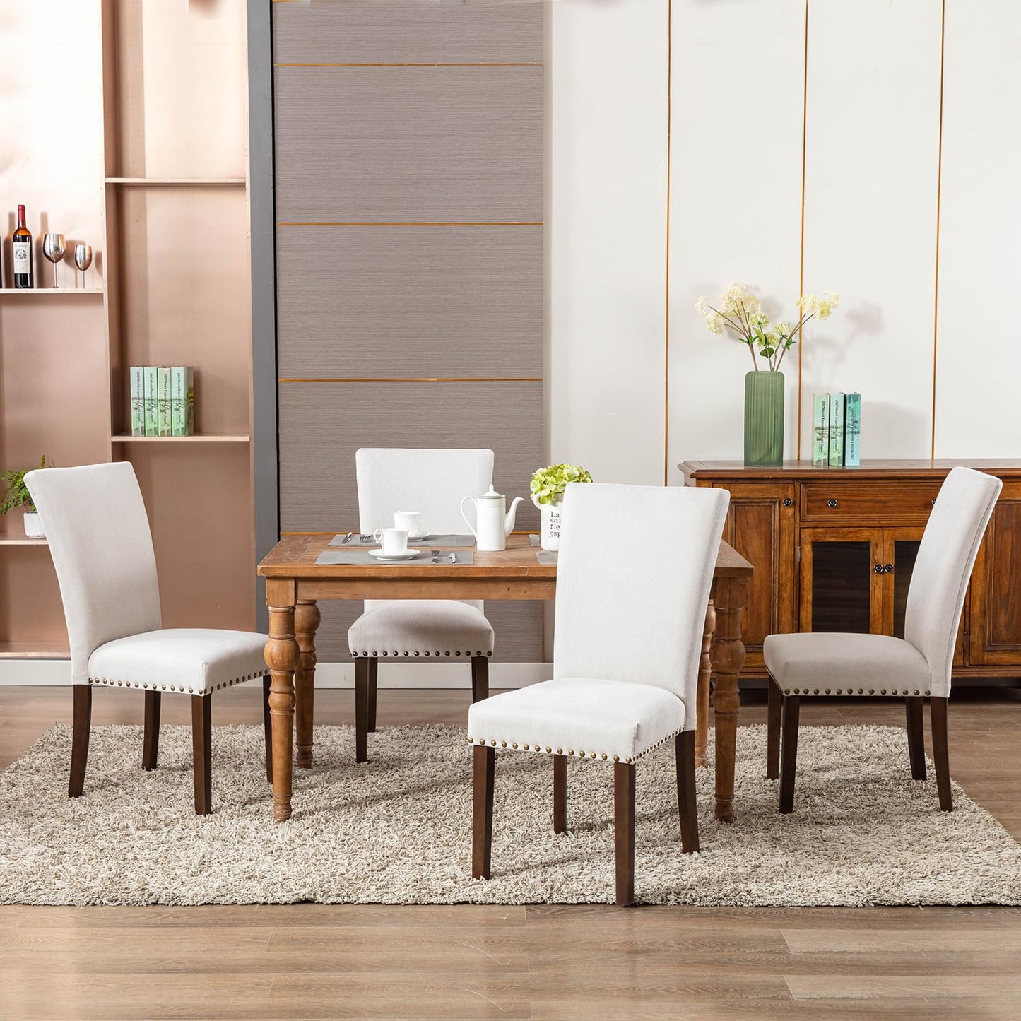 COLAMY Upholstered Dining Chairs Set of 6, Parsons Style Side Chairs with Nailhead Trim and Solid Wood Legs, Comfortable Linen Fabric for Kitchen & Dining Room – Beige